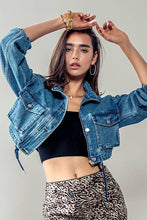 Load image into Gallery viewer, Get Elevated Drawstring Hem Stand Collar Denim Crop Jacket
