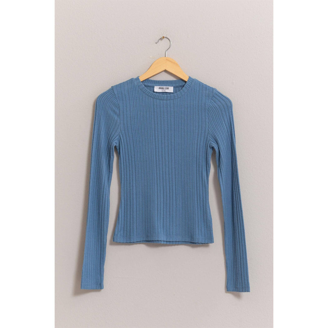 Steel Blue Brushed Ribbed Long Sleeve Top