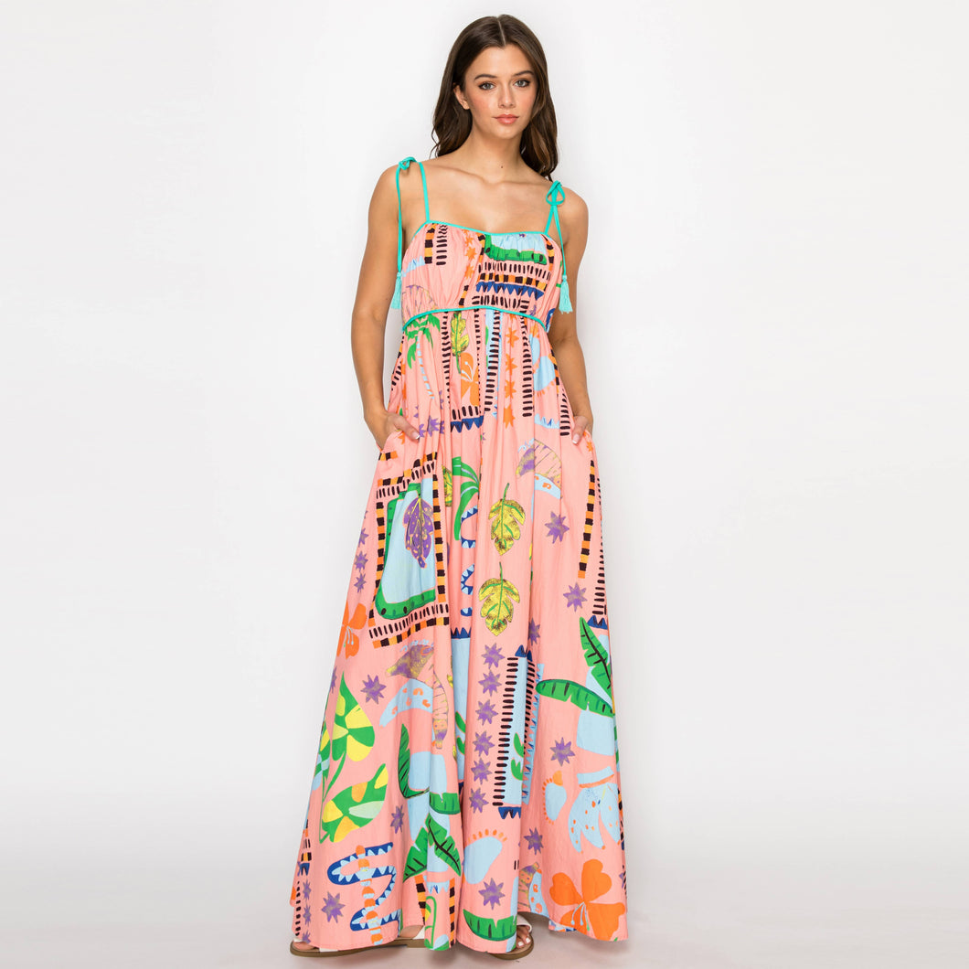 Retro Palm Springs Tropical Print Pocketed Maxi Dress