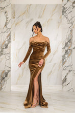 Load image into Gallery viewer, Sweet &amp; Sultry Honey Gold Velvet Maxi Gown
