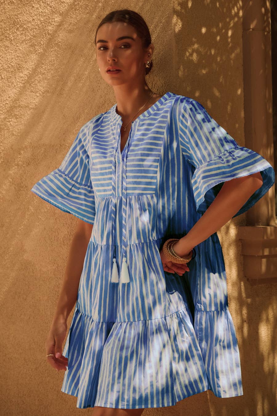 Stripes Ahoy Poplin Tiered Babydoll Dress (also available in Curvy)