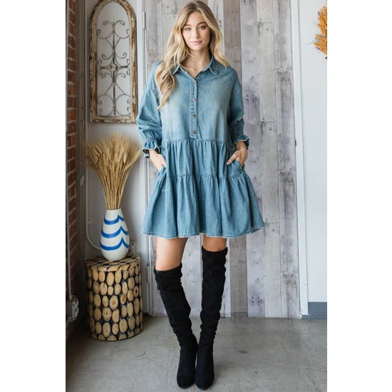 A Little Edgy Destroyed Denim Tiered Dress L