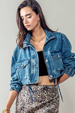 Load image into Gallery viewer, Get Elevated Drawstring Hem Stand Collar Denim Crop Jacket
