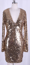 Load image into Gallery viewer, Sequin Splash Gold Plunge Dress
