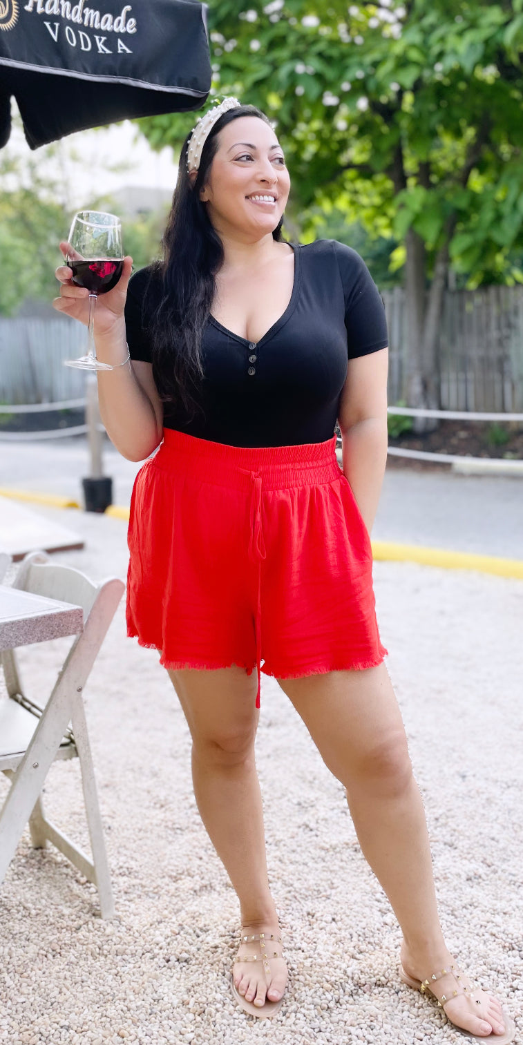 Hot Coral Linen Blend Shorts (Curvy)