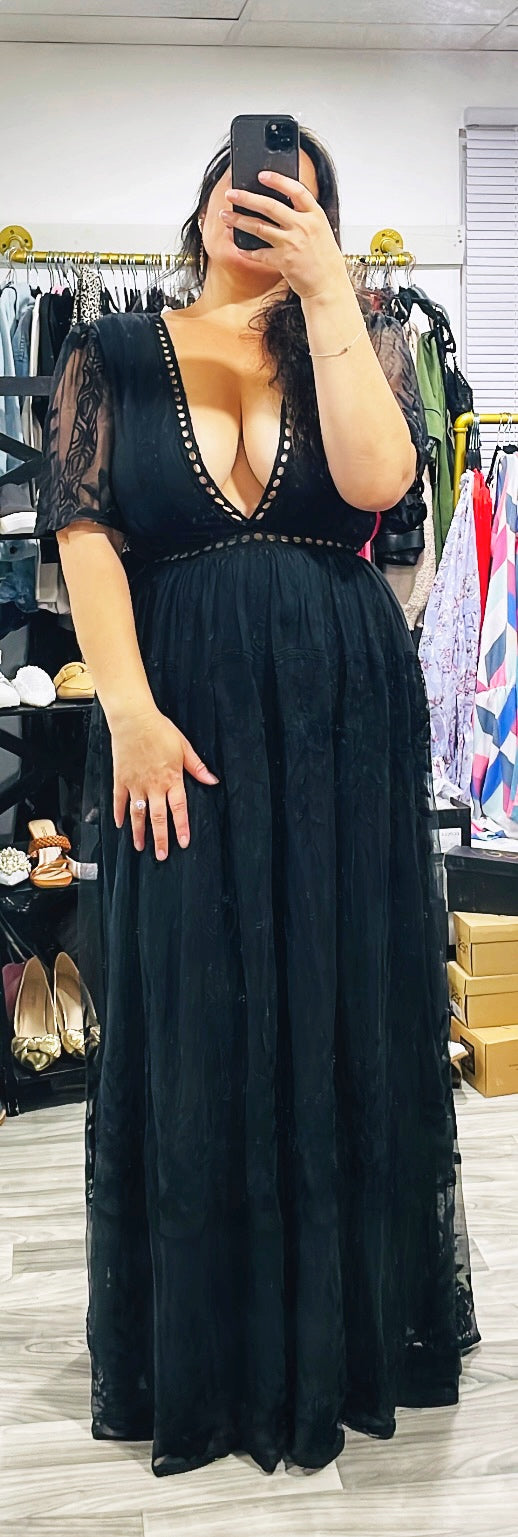 Sheer Delight Plunging Lace Maxi Dress