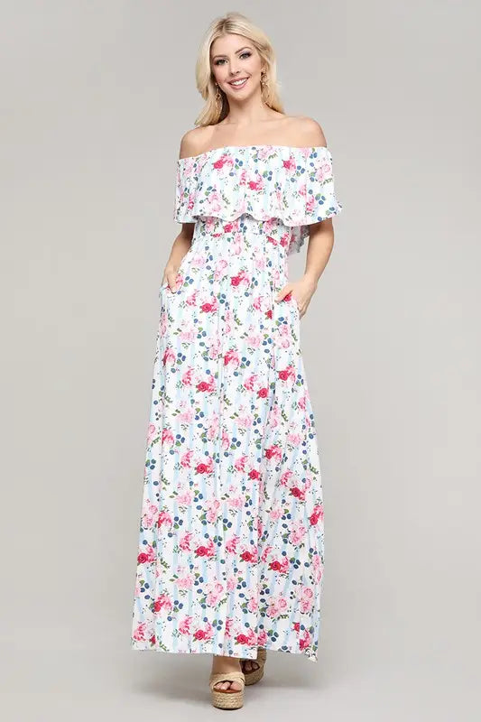 Flirty in Flounce Floral Blue Stripes Maxi Dress (Curvy Collection)