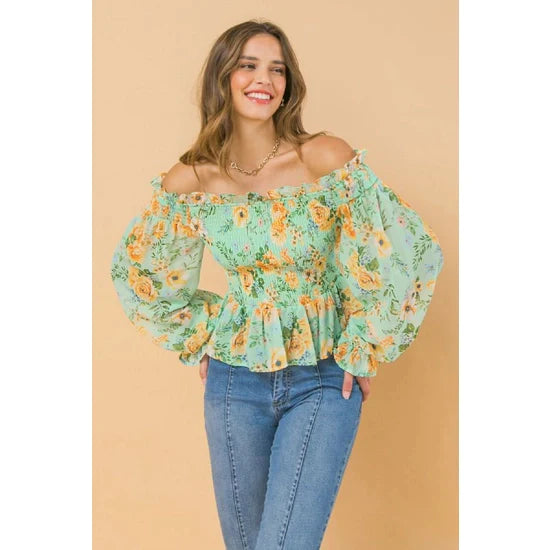Mint to Be Floral Peplum Peasant Top
