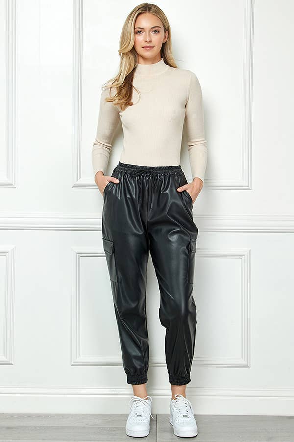 On the Go Vegan Leather Cargo Jogger Pants