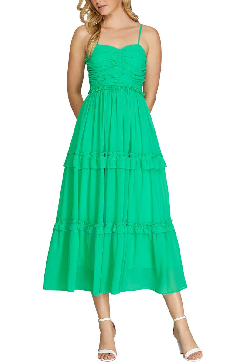 knee length dresses for ladies Flounce Sleeve Ruched Bust Chiffon Jacquard Midi Dress, Pink / Xs main image 1
