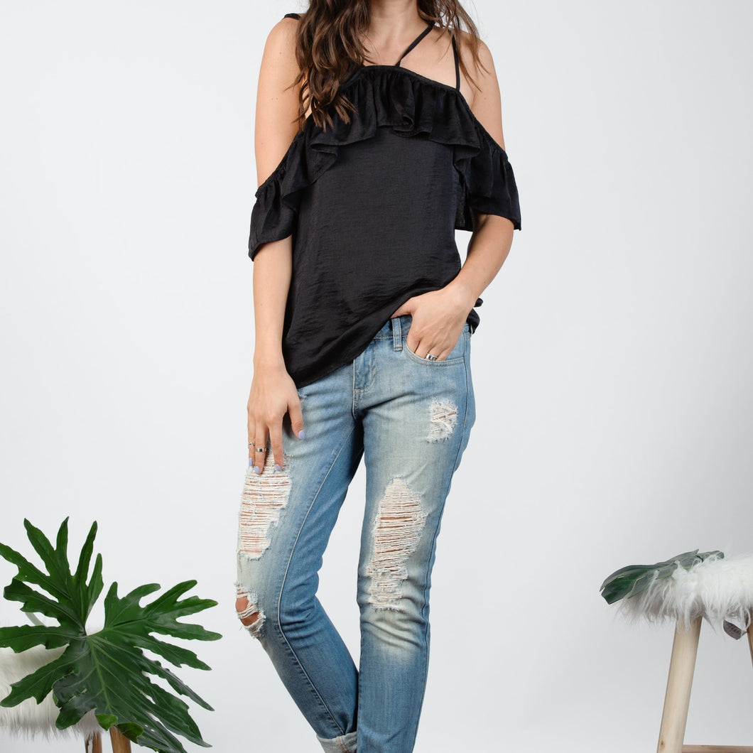 Ruffle Off the Shoulder Strap Washed Satin Top