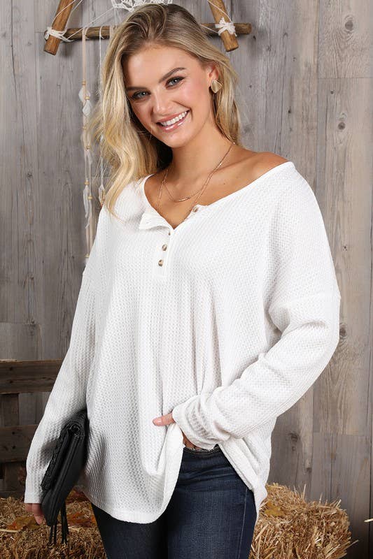 White Waffle Henley Top