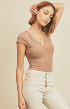 Load image into Gallery viewer, Light Camel Ribbed Round Neck Short Sleeve Henley Bodysuit

