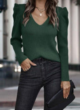 Load image into Gallery viewer, Green Ivy Ribbed Puff Sleeve Sweater
