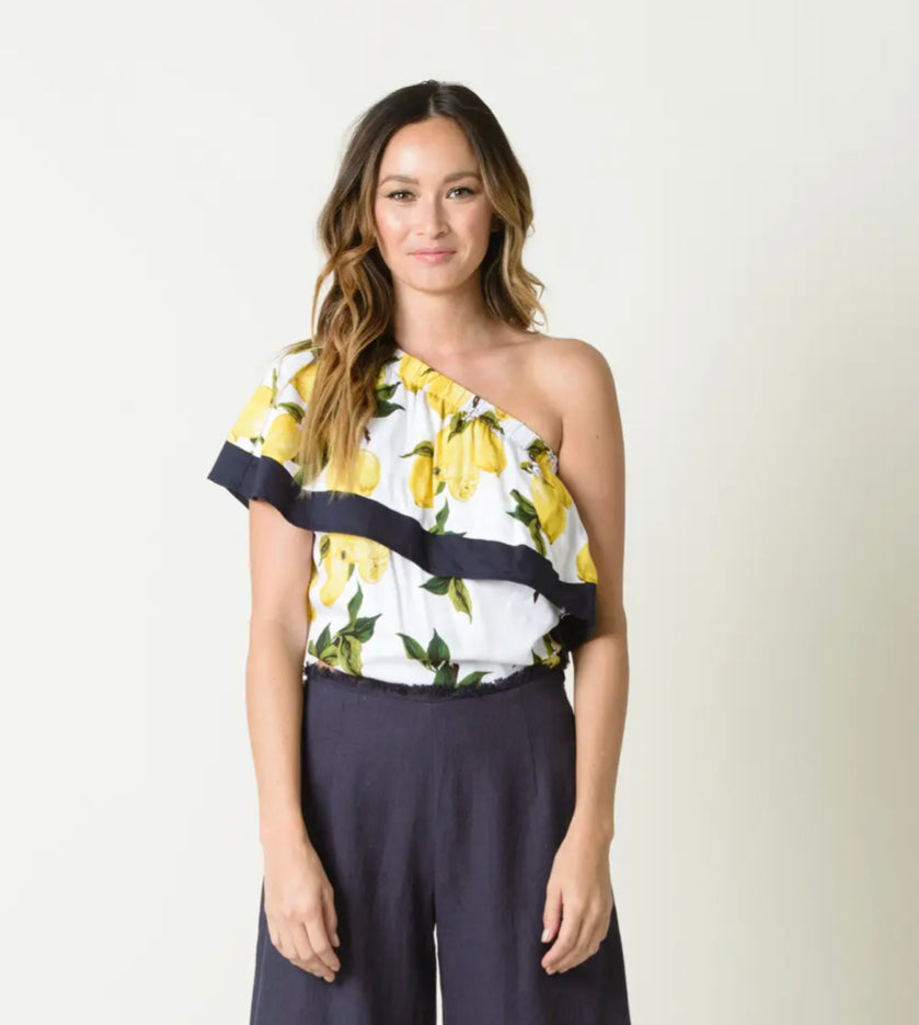 Squeeze the Day One Shoulder Lemon Ruffle Top