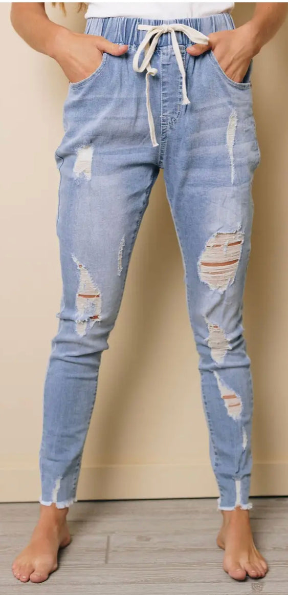 Destroyed Denim Paperbag Skinny Jeans (Available in Curvy Collection)