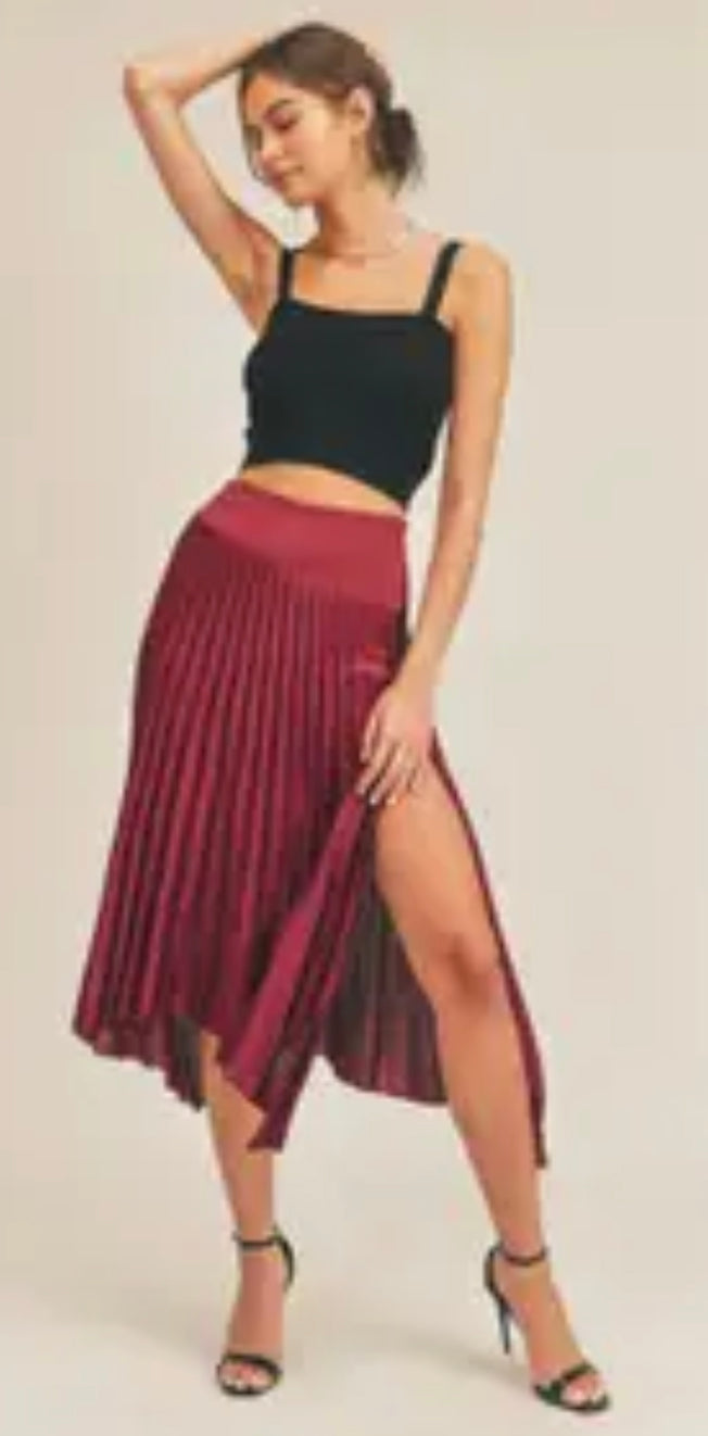 Cranberry Sangria Satin Pleated Skirt