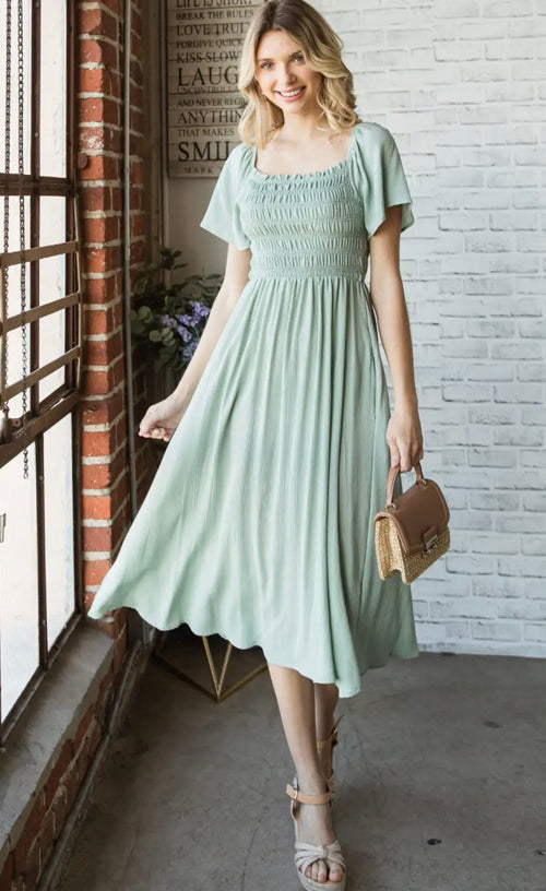 Springin’ in Sage Smocked Midi Dress (available in Curvy collection)