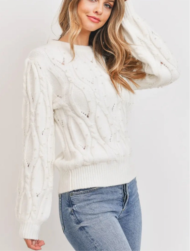 Preppy in Pearls Cable Knit Sweater