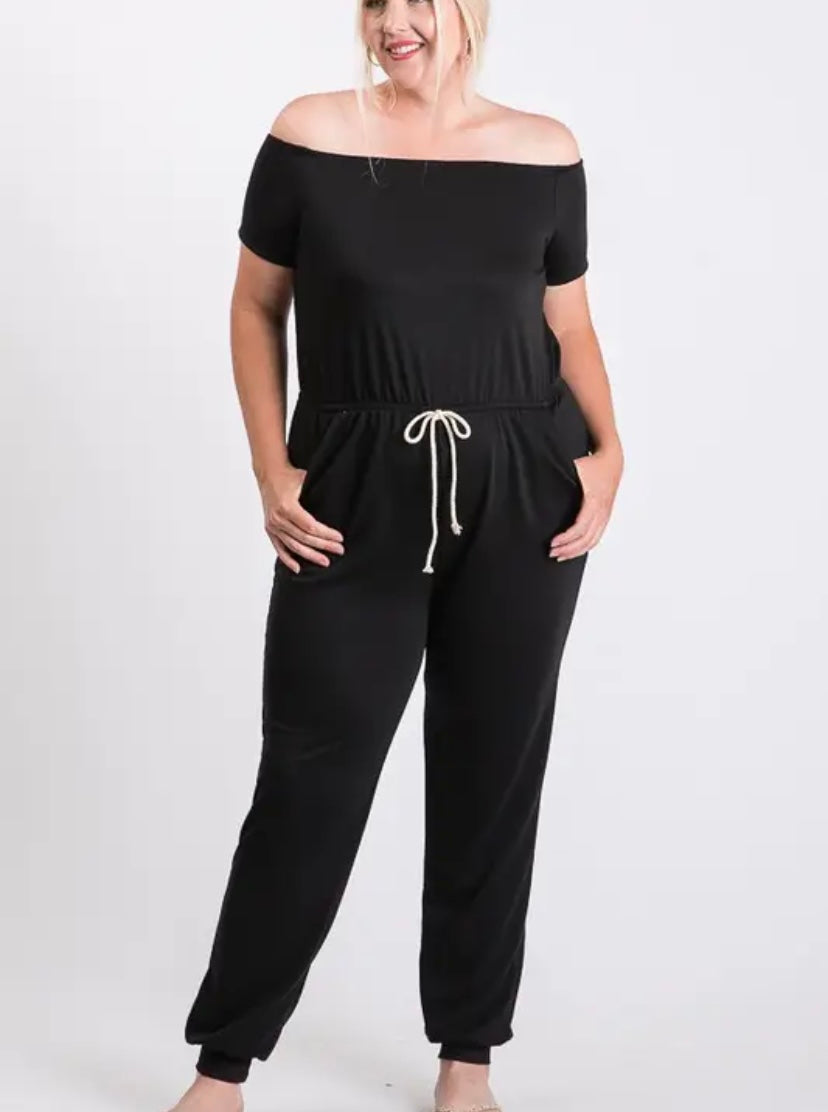 Pardon my French Terry Off Shoulder Jumpsuit (Curvy Collection)