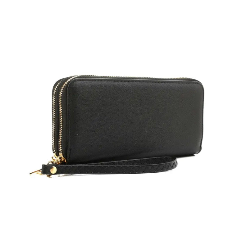 Sleek Saffiano Double Zip Clutch Wallet
