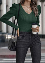 Load image into Gallery viewer, Green Ivy Ribbed Puff Sleeve Sweater
