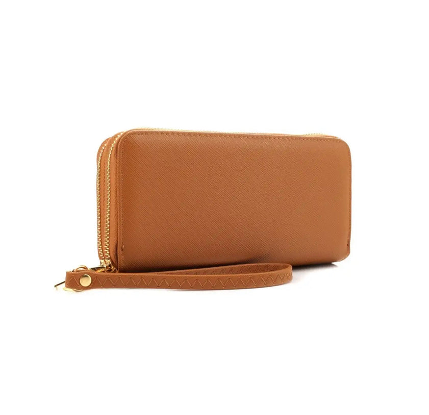 Sleek Saffiano Double Zip Clutch Wallet