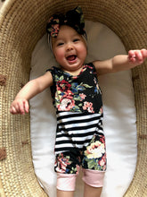 Load image into Gallery viewer, Floral &amp; Stripes Oh my! Romper/Headband Set
